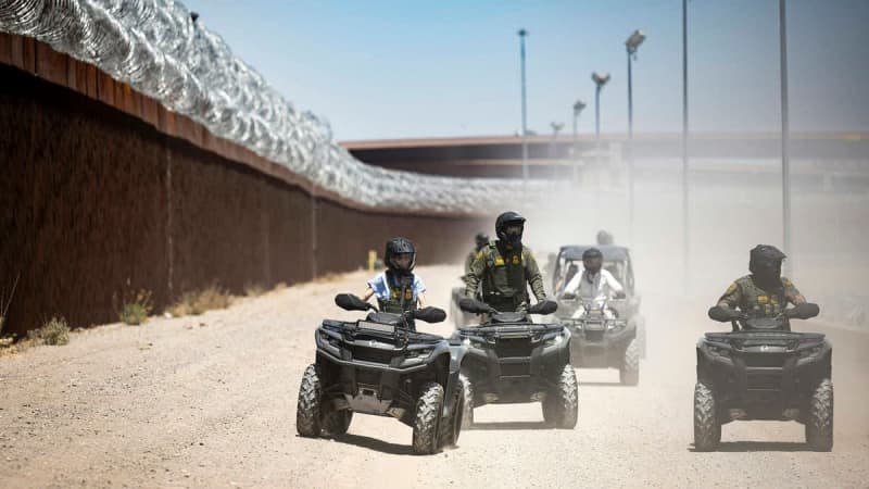 Homeland Security Secretary Kristi Noem rides an ATV along the U.S.-Mexico border wall in El Paso, Texas, on April 28, 2025. Photo: Tia Dufour / U.S. Department of Homeland Security / Public Domain