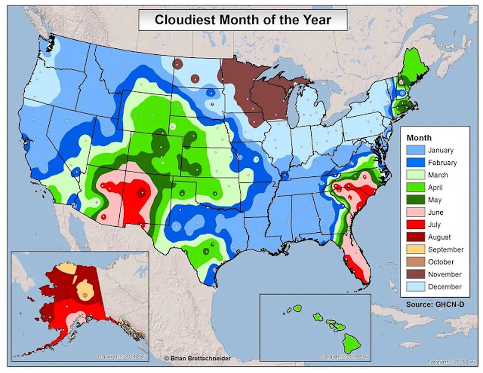 This map of the United States shows the cloudiest month of the year. In Southeast Texas, January and February frequently rank among the cloudiest months of the year. (Brian Brettschneider)