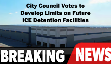 A picture of a rumored ICE facility superimposed with breaking news.