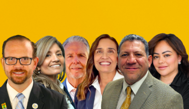 A picture of candidates running in March. From left to right, David Stout, Minerva Torres Shelton, Ricardo Samaniego, Guadalupe Giner, Sergio Coronado and Annette Griego.