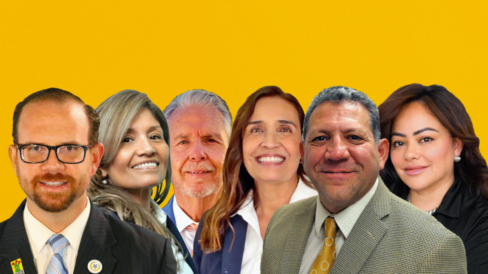 A picture of candidates running in March. From left to right, David Stout, Minerva Torres Shelton, Ricardo Samaniego, Guadalupe Giner, Sergio Coronado and Annette Griego.