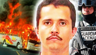 Nemesio Rubén Oseguerra Cervantes, U.S. Department of State with picture of bus set on fire in Jalisco on February 22, 2026 and a Mexican National Guard member on guard duty on the right.
