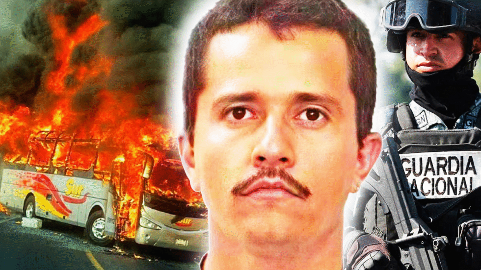 Nemesio Rubén Oseguerra Cervantes, U.S. Department of State with picture of bus set on fire in Jalisco on February 22, 2026 and a Mexican National Guard member on guard duty on the right.