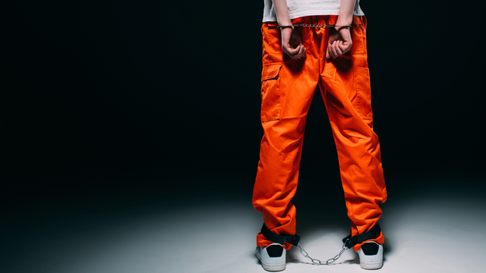 A picture of the back of a detained individual with handcuffs and leg chains.