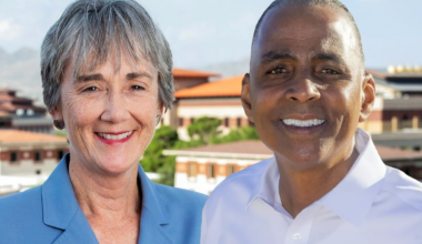 A photo illustration of Heather Wilson and Renard Johnson with UTEP in the background.