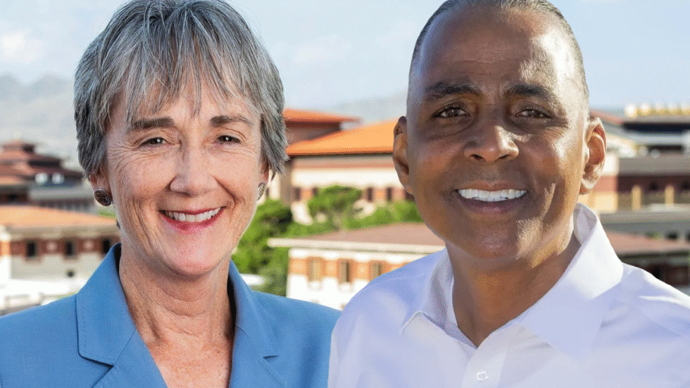 A photo illustration of Heather Wilson and Renard Johnson with UTEP in the background.