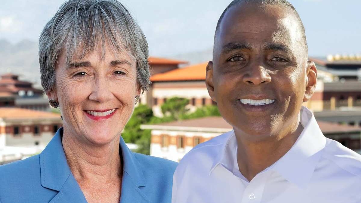A photo illustration of Heather Wilson and Renard Johnson with UTEP in the background.