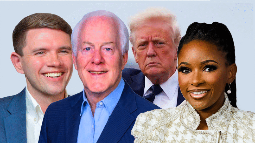 A picture montage of James Talarico, from left-to-right, John Cornyn, Donald Trump and Jasmine Crockett.