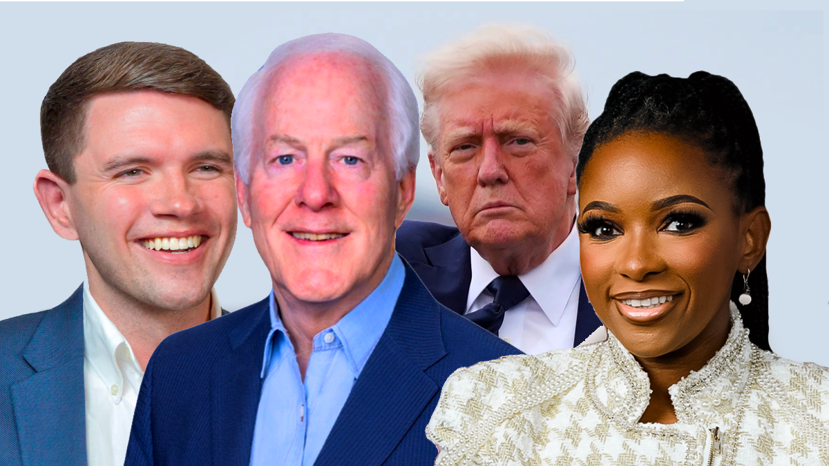 A picture montage of James Talarico, from left-to-right, John Cornyn, Donald Trump and Jasmine Crockett.