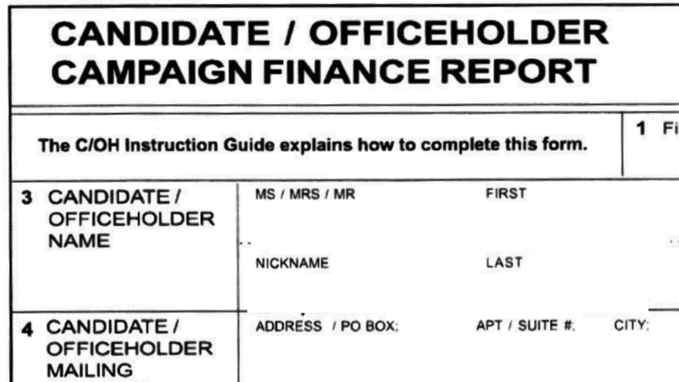 A picture of the coversheet of a Campaign Finance Report.