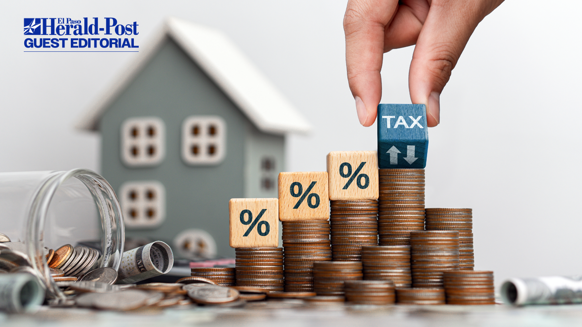 A photographic illustration of property taxes showing a stack of coins in front of a toy house.