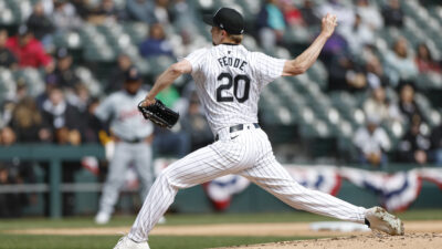 Mar 31, 2024; Chicago, Illinois, USA; Chicago White Sox starting pitcher Erick Fedde (20) delivers a pitch against the Detroit Tigers during the second inning at Guaranteed Rate Field.