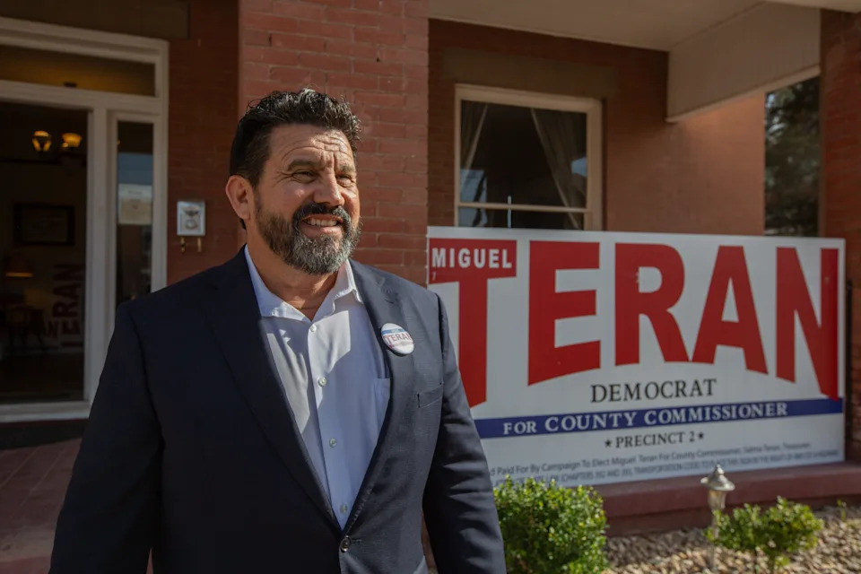 Miguel Antonio Teran, the Democratic primary challenger in Precinct 2 stands outside of his campaign headquarters on Feb. 24, 2026