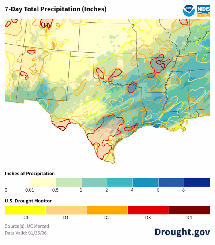 A map shows heavy precipitation across a large part of the country, but it mostly missed the areas facing the worse drought in the Southern Plains.