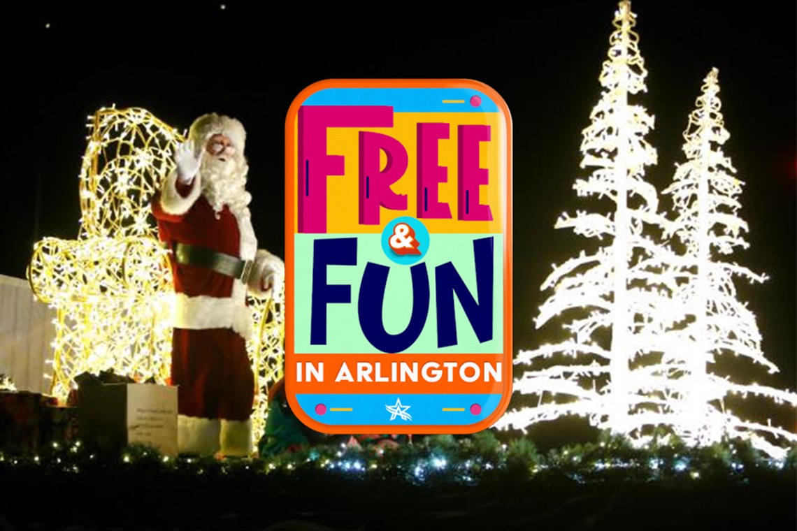 Photo from the Holiday Lights Parade in Arlington with the Free & Fun in Arlington logo.