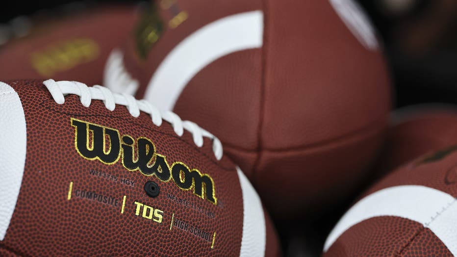 A detail of Wilson composite high school footballs at AT&T Stadium on December 7, 2024, in Arlington, Texas.