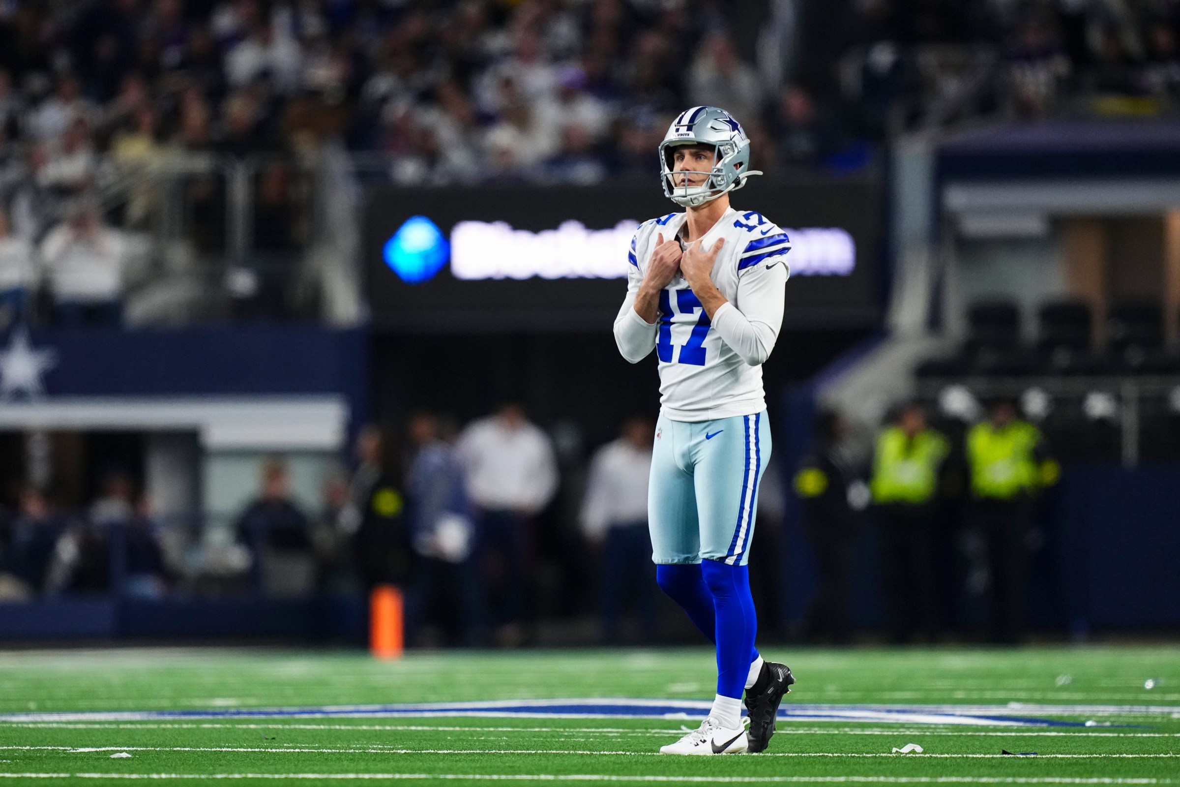 ARLINGTON, TX - DECEMBER 14: Brandon Aubrey #17 of the Dallas Cowboys lines up before the snap during an NFL football game against the Minnesota Vikings at AT&T Stadium on December 14, 2025 in Arlington, Texas. (Photo by Cooper Neill/Getty Images)