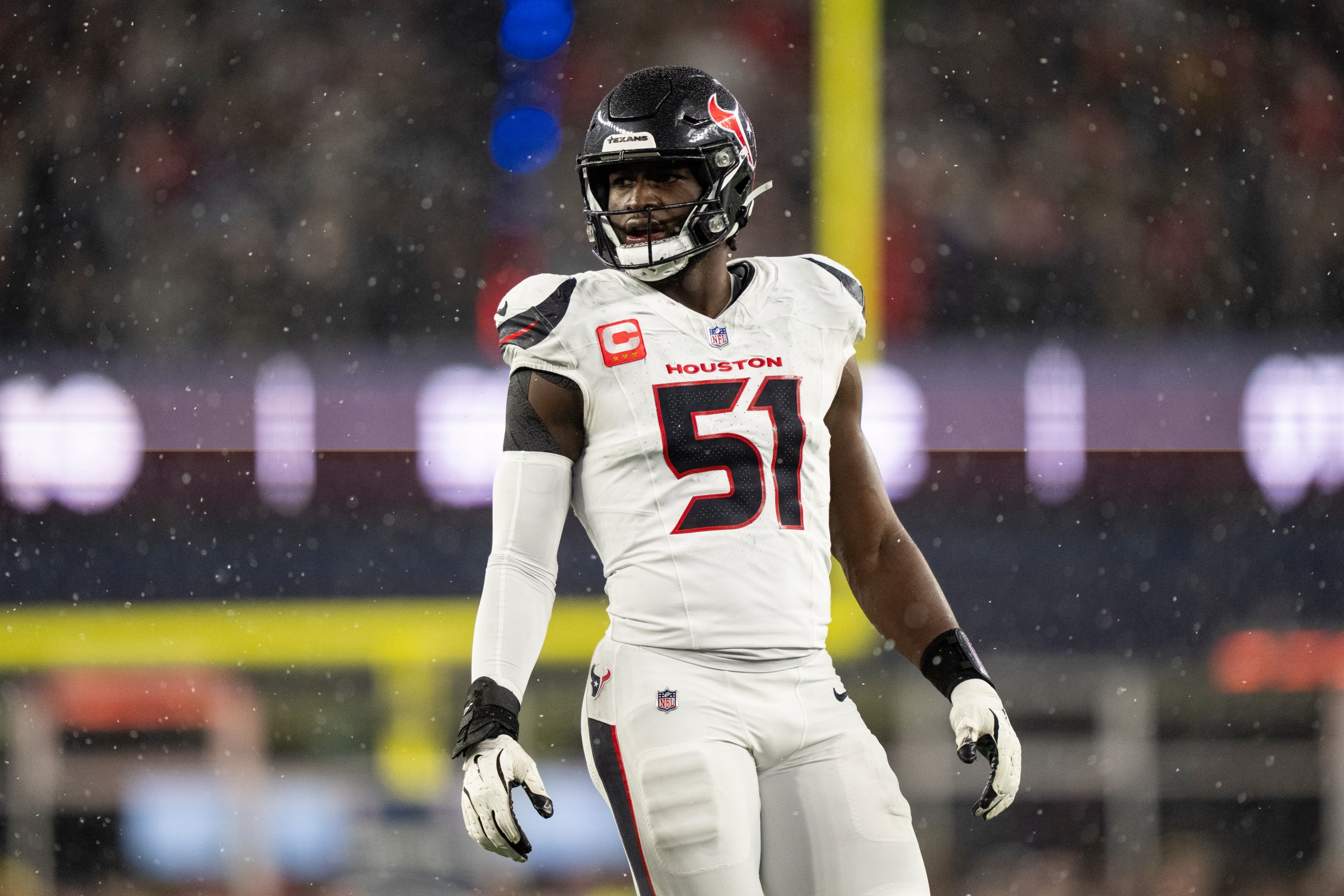 FOXBOROUGH, MASSACHUSETTS - JANUARY 18: Will Anderson Jr. #51 of the Houston Texans looks on during an NFC Divisional Playoff game against the New England Patriots at Gillette Stadium on January 18, 2026 in Foxborough, Massachusetts. (Photo by Michael Owens/Getty Images)