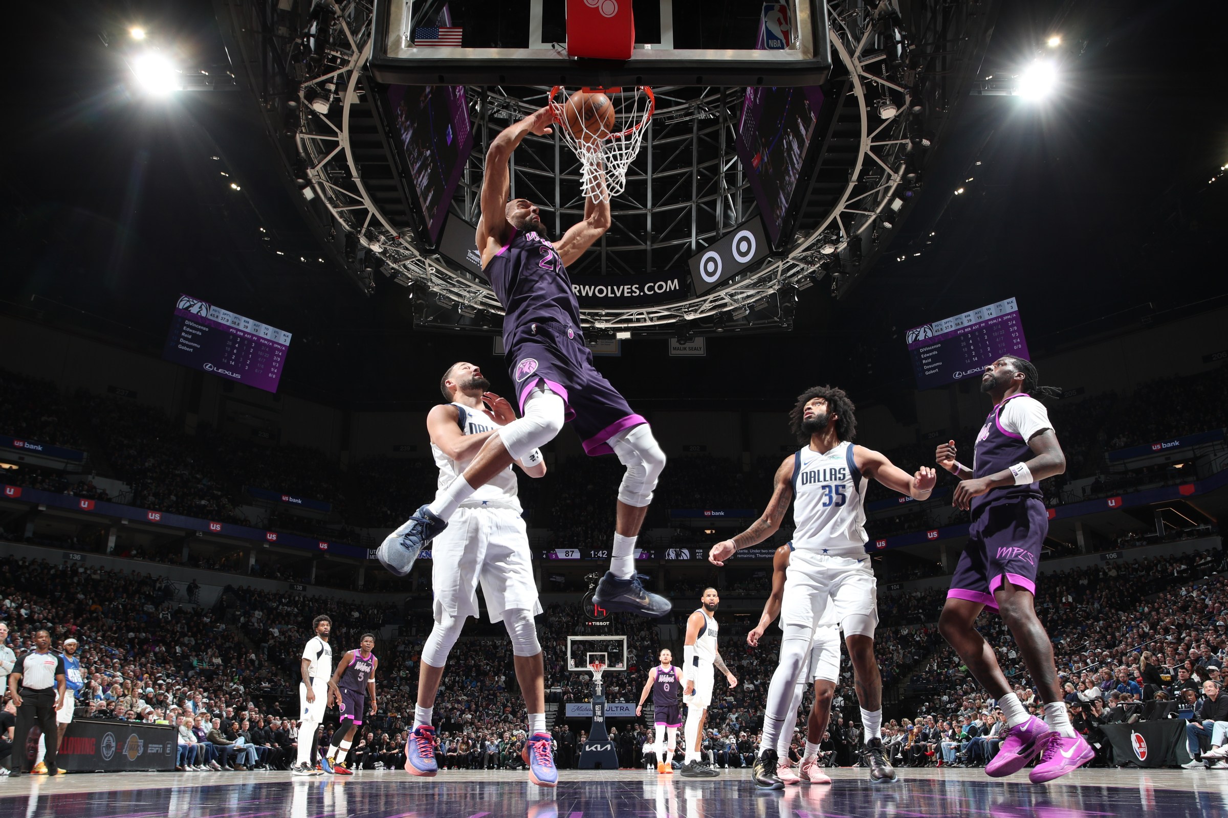 MINNEAPOLIS, MN - FEBRUARY 20: Rudy Gobert #27 of the Minnesota Timberwolves dunks the ball during the game against the Dallas Mavericks on February 20, 2026 at Target Center in Minneapolis, Minnesota. NOTE TO USER: User expressly acknowledges and agrees that, by downloading and or using this Photograph, user is consenting to the terms and conditions of the Getty Images License Agreement. Mandatory Copyright Notice: Copyright 2026 NBAE (Photo by David Sherman/NBAE via Getty Images)