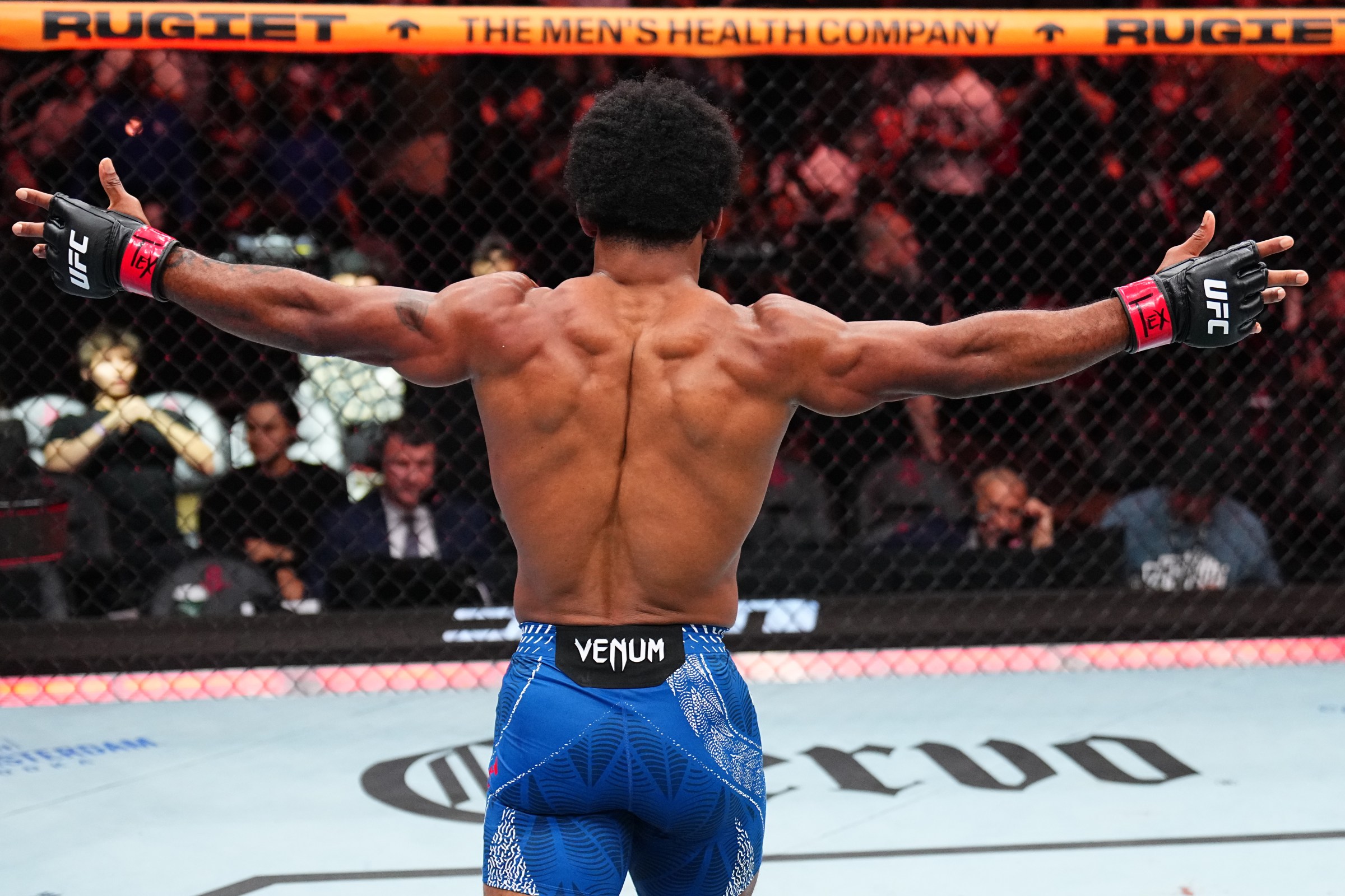 HOUSTON, TEXAS - FEBRUARY 21: Jacobe Smith reacts after a knockout victory against Josiah Harrell in a welterweight fight during the UFC Fight Night event at Toyota Center on February 21, 2026 in Houston, Texas. (Photo by Chris Unger/Zuffa LLC)