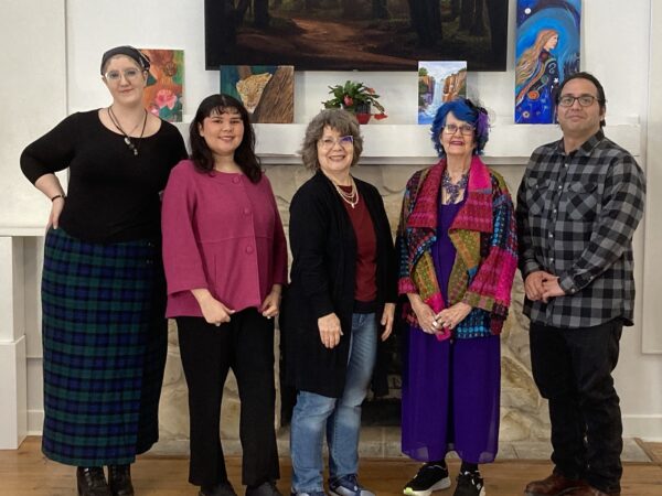 Five arts professionals stand in a line, facing the camera: (Left to right) Ariana Runner, Beth Dominguez, Sarah Shore, Bunny Keefer, and Nicholas Gonzales.
