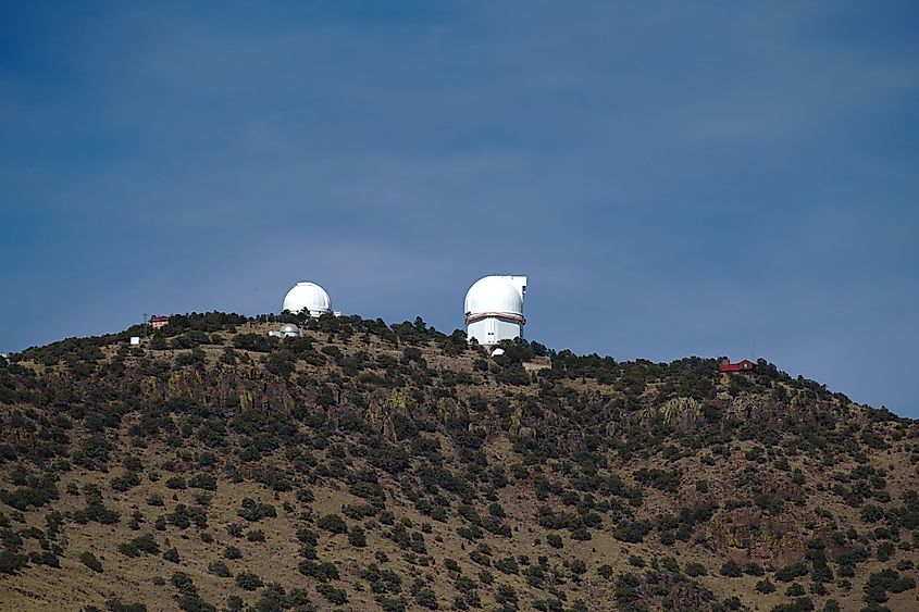 The McDonald Observatory telescopes are seen from Highway 78 in Texas.