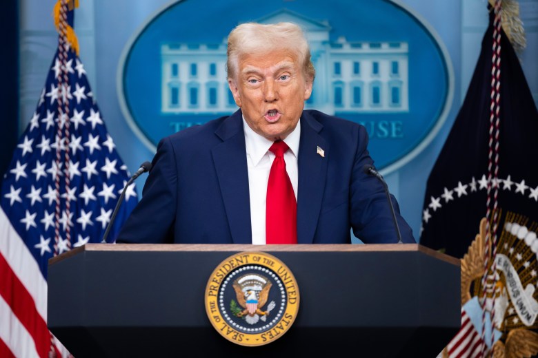 President Donald Trump speaks at a White House press briefing.
