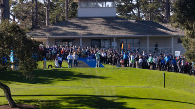Feb 4, 2022; Pebble Beach, California, USA; General view as Bill Murray tees of on the tenth hole during the second round of the AT&T Pebble Beach Pro-Am golf tournament at Spyglass Hill Golf Course.