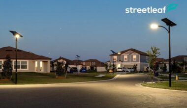 Streetleaf promo photo of a neighborhood with solar streetlights at dusk