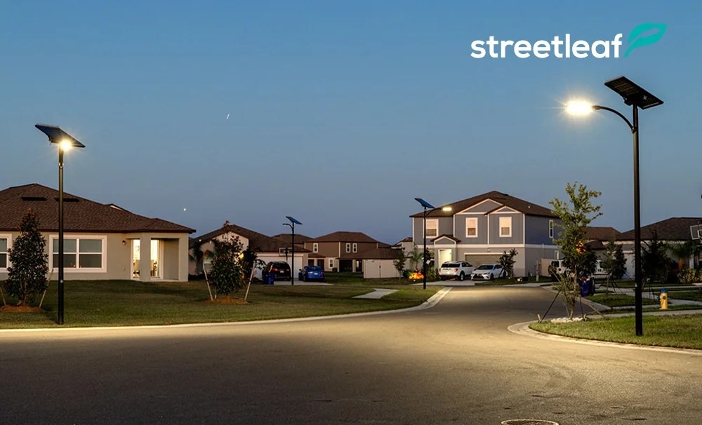 Streetleaf promo photo of a neighborhood with solar streetlights at dusk