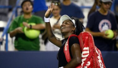 Venus Williams waves to the crowd as she leaves the court after she lost to Magdalena Frech, of Poland, during a match at the Citi Open tennis tournament Thursday, July 24, 2025, in Washington. (AP Photo/Nick Wass)