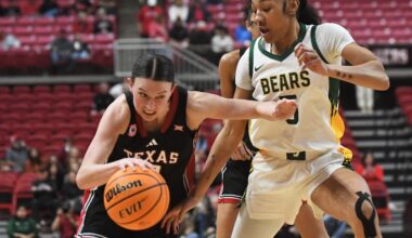 Texas Tech's Bailey Maupin dribbles against Baylor in a Big 12 women's basketball game Wednesday, Feb. 18, 2026, at United Supermarkets Arena.