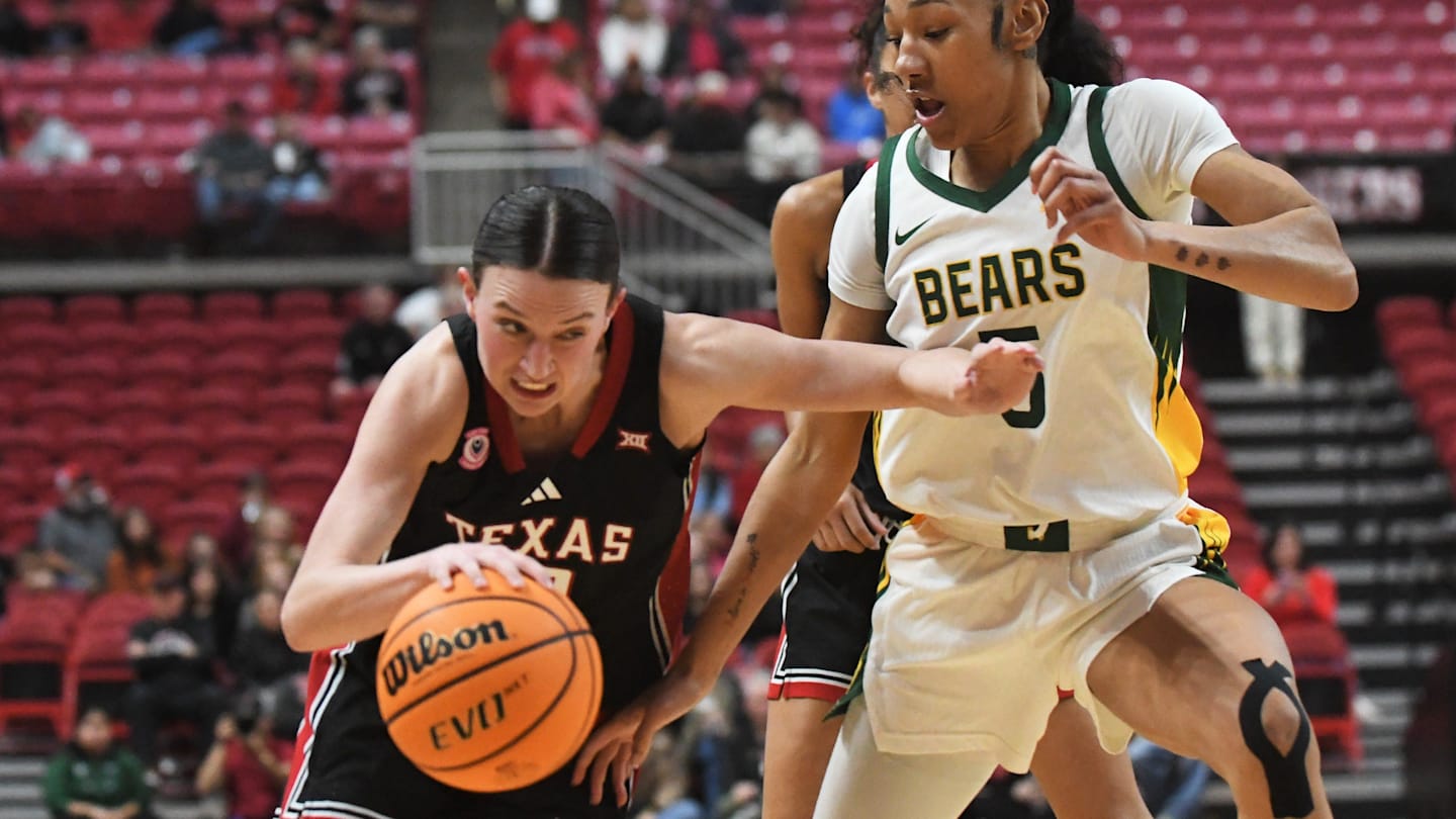 Texas Tech's Bailey Maupin dribbles against Baylor in a Big 12 women's basketball game Wednesday, Feb. 18, 2026, at United Supermarkets Arena.