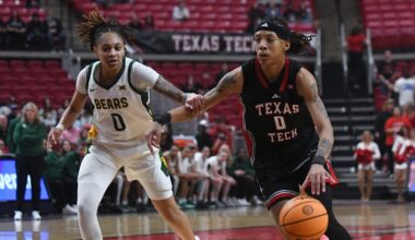 Texas Tech's Snudda Collins dribbles against Baylor in a Big 12 women's basketball game Wednesday, Feb. 18, 2026, at United Supermarkets Arena.