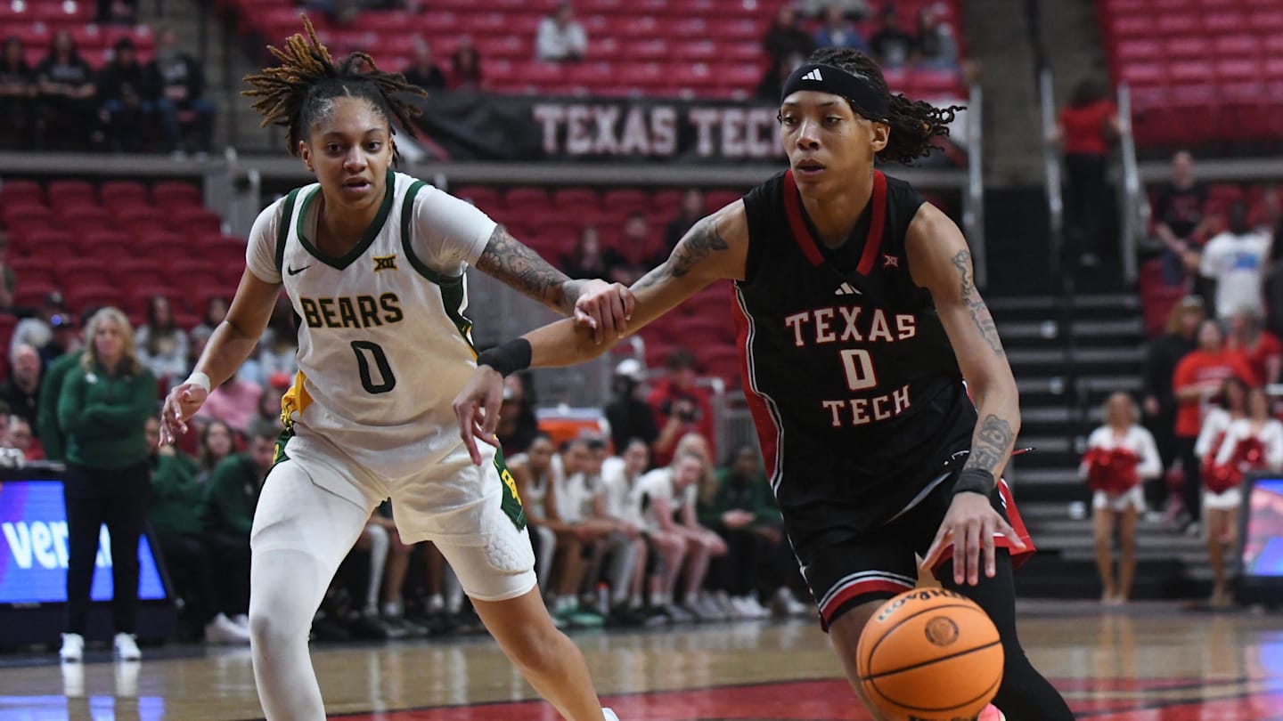 Texas Tech's Snudda Collins dribbles against Baylor in a Big 12 women's basketball game Wednesday, Feb. 18, 2026, at United Supermarkets Arena.