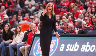 Texas Tech head coach Krista Gerlich reacts to a play during a Big 12 Conference women's basketball game, Saturday, Jan. 17, 2026, in United Supermarkets Arena.
