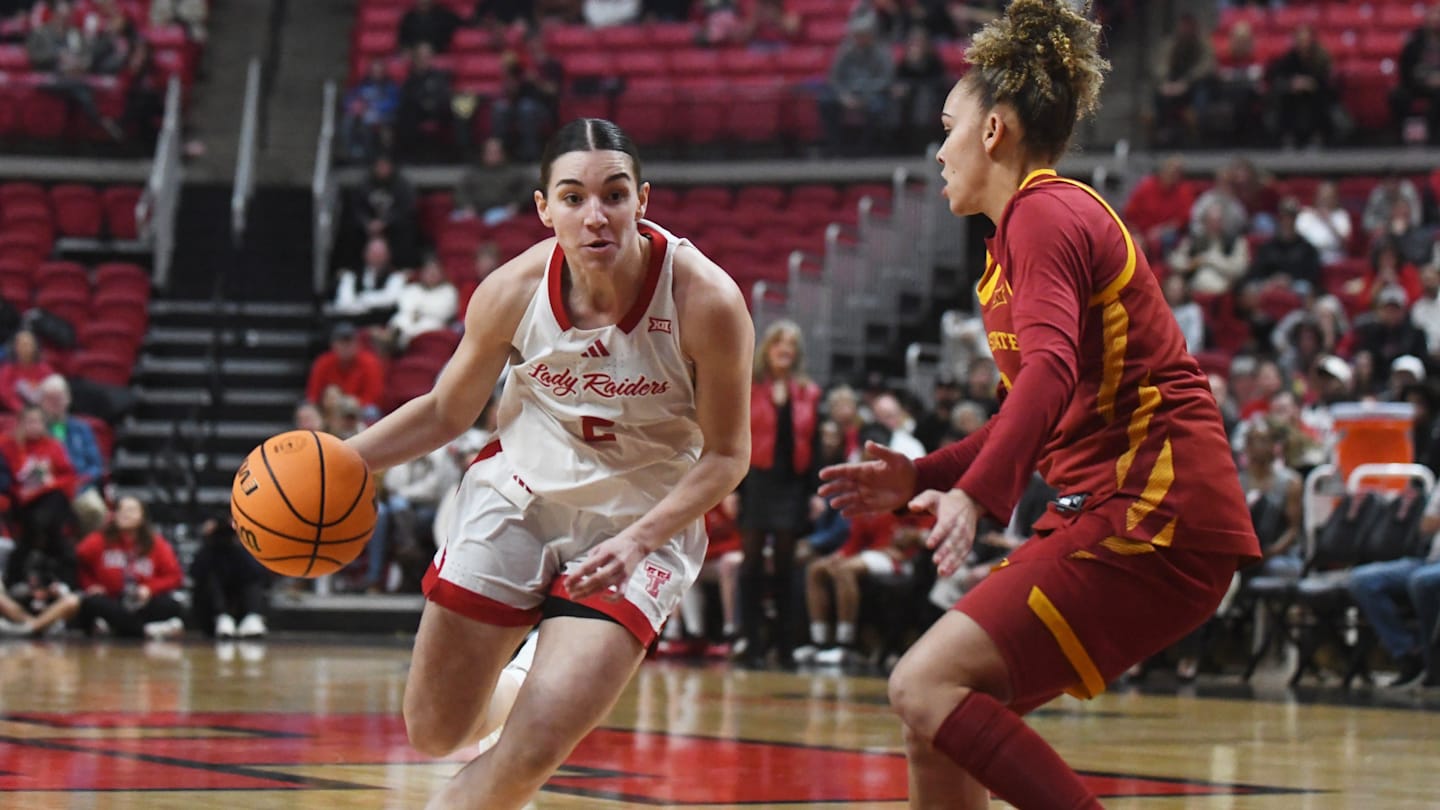 Texas Tech's Gemma Nunez dribbles against Iowa State in a Big 12 women's basketball game Wednesday, Jan. 28, 2026, at United Supermarkets Arena.