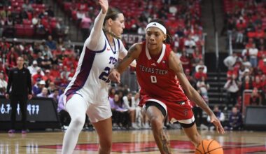 Texas Tech's Snudda Collins dribbles against TCU in a Big 12 women's basketball game Sunday, Feb. 1, 2026, at United Supermarkets Arena.