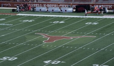 Nov 22, 2025; Austin, Texas, USA; View of the Texas Longhorns logo at midfield before a game against the Arkansas Razorbacks at Darrell K Royal-Texas Memorial Stadium. Mandatory Credit: Scott Wachter-Imagn Images