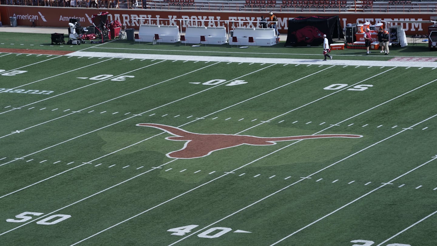 Nov 22, 2025; Austin, Texas, USA; View of the Texas Longhorns logo at midfield before a game against the Arkansas Razorbacks at Darrell K Royal-Texas Memorial Stadium. Mandatory Credit: Scott Wachter-Imagn Images