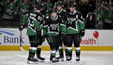Feb 2, 2026; Dallas, Texas, USA; Dallas Stars left wing Jason Robertson (21) and right wing Mikko Rantanen (96) and center Wyatt Johnston (53) and defenseman Miro Heiskanen (4) celebrates a power play goal scored by Robertson against the Winnipeg Jets during the second period at the American Airlines Center. Mandatory Credit: Jerome Miron-Imagn Images