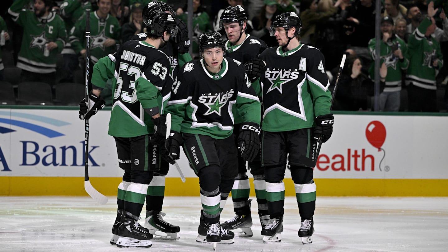 Feb 2, 2026; Dallas, Texas, USA; Dallas Stars left wing Jason Robertson (21) and right wing Mikko Rantanen (96) and center Wyatt Johnston (53) and defenseman Miro Heiskanen (4) celebrates a power play goal scored by Robertson against the Winnipeg Jets during the second period at the American Airlines Center. Mandatory Credit: Jerome Miron-Imagn Images