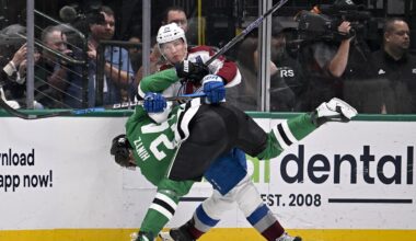 Mar 6, 2026; Dallas, Texas, USA; Dallas Stars center Roope Hintz (24) appears to suffer a lower body injury as he is engages with Colorado Avalanche center Nathan MacKinnon (29) along the boards during the second period at the American Airlines Center. Mandatory Credit: Jerome Miron-Imagn Images