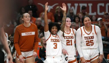 Feb 22, 2026; Austin, Texas, USA; Texas Longhorns guard Rori Harmon (3) reacts from the bench during the second half against the Mississippi Rebels at Moody Center. Mandatory Credit: Dustin Safranek-Imagn Images