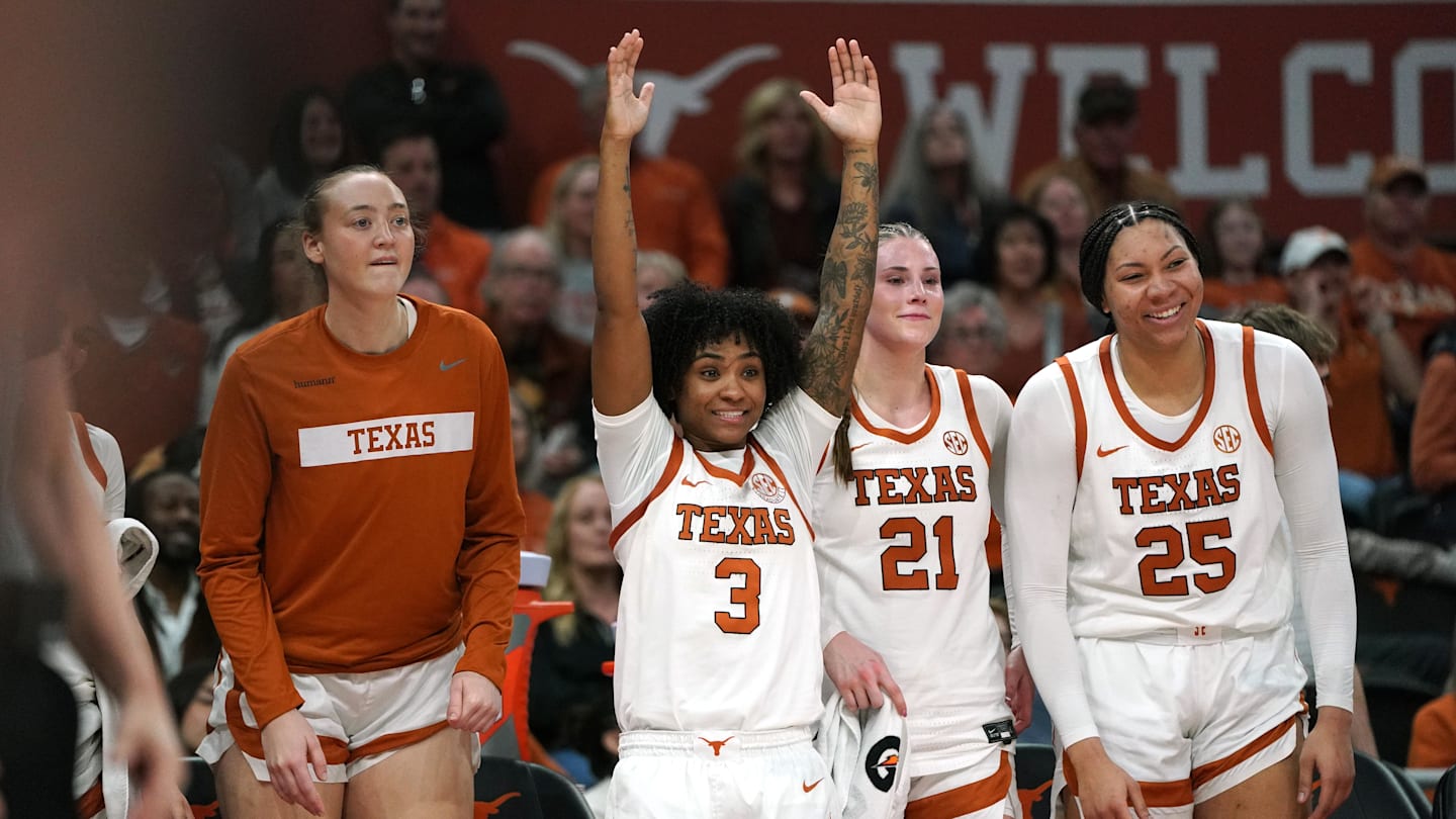 Feb 22, 2026; Austin, Texas, USA; Texas Longhorns guard Rori Harmon (3) reacts from the bench during the second half against the Mississippi Rebels at Moody Center. Mandatory Credit: Dustin Safranek-Imagn Images