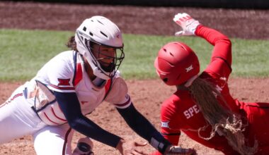 Texas Tech's Desirae Spearman scores a run around Arizona catcher Sydney Stewart during a Big 12 Conference softball game, Saturday, March 14, 2026, at Rocky Johnson Field.
