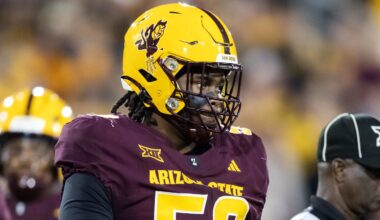 Nov 28, 2025; Tempe, Arizona, USA; Arizona State Sun Devils offensive lineman Max Iheanachor (58) against the Arizona Wildcats during the 99th Territorial Cup at Mountain America Stadium. Mandatory Credit: Mark J. Rebilas-Imagn Images