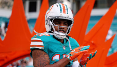 Dec 21, 2025; Miami Gardens, Florida, USA; Miami Dolphins wide receiver Jaylen Waddle (17) reacts during the second quarter against the Cincinnati Bengals at Hard Rock Stadium. Mandatory Credit: Nathan Ray Seebeck-Imagn Images