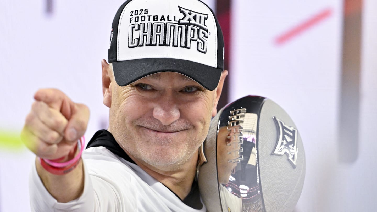 Dec 6, 2025; Arlington, TX, USA; Texas Tech Red Raiders head coach Joey McGuire celebrates after the win against the BYU Cougars at AT&T Stadium. Mandatory Credit: Jerome Miron-Imagn Images
