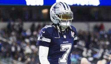 Dec 21, 2025; Arlington, Texas, USA; Dallas Cowboys cornerback Trevon Diggs (7) participates in pregame warmups against the Los Angeles Chargers at AT&T Stadium. Mandatory Credit: Kevin Jairaj-Imagn Images